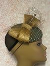 Green and Gold Satin Button Pillbox Fascinator Half Hat, Church Head Covering, Headwear, Tea Parties, Weddings, and other Special Occasions