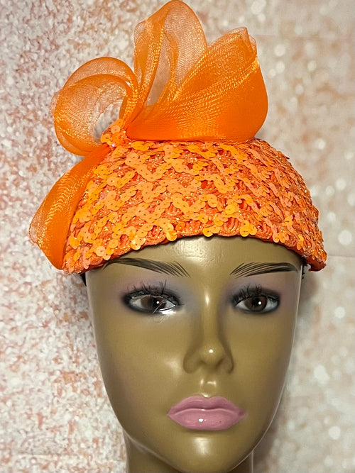 Orange Sequin Half Hat Fascinator for Church Head Covering, Wedding, Tea Party, Mother of the Bride, and Other Special Occasions