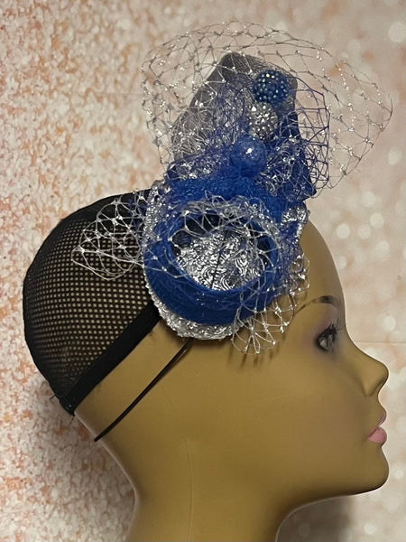 Silver and Blue Lace Rhinestones Studded Headband-Shaped Fascinator Half Hat for Church, Tea Party, Weddings and other special occasions