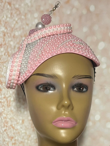 Pink and White Beaded hat for Church, Wedding, Mother of the Bride, Head Covering, Tea Parties and other special occasions