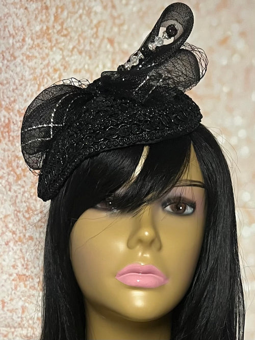 Black Sequin Lace Teardrop Fascinator Half Hat for Church Head Covering, Weddings, Tea Parties and  Other Special Occasions