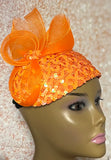 Orange Sequin Half Hat Fascinator for Church Head Covering, Wedding, Tea Party, Mother of the Bride, and Other Special Occasions