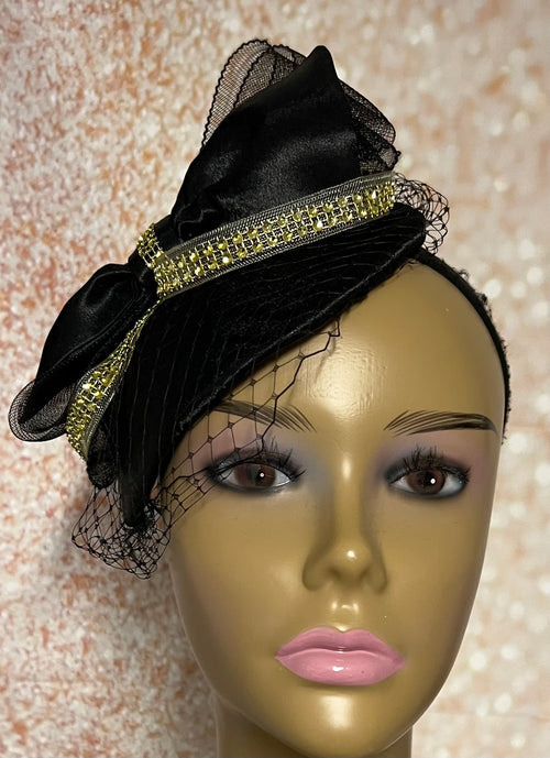 Black Teardrop Satin Hat for women, Fascinator, Half Hat with Gold Rhinestone trim for Church, Tea Party, and Special Occasions