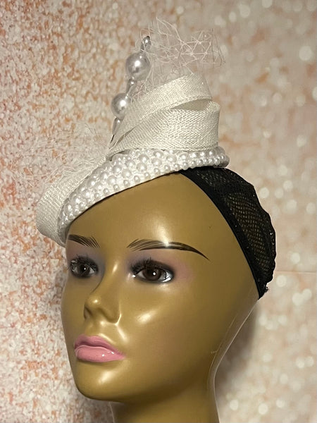 White Beaded Pearl Button Bow Half Hat Fascinator for weddings, church and special occasions, Gift for Mom, Sister, Wife, Her