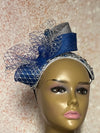 Silver and Blue Lace Rhinestones Studded Headband-Shaped Fascinator Half Hat for Church, Tea Party, Weddings and other special occasions