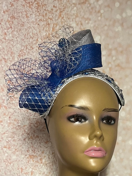 Silver and Blue Lace Rhinestones Studded Headband-Shaped Fascinator Half Hat for Church, Tea Party, Weddings and other special occasions