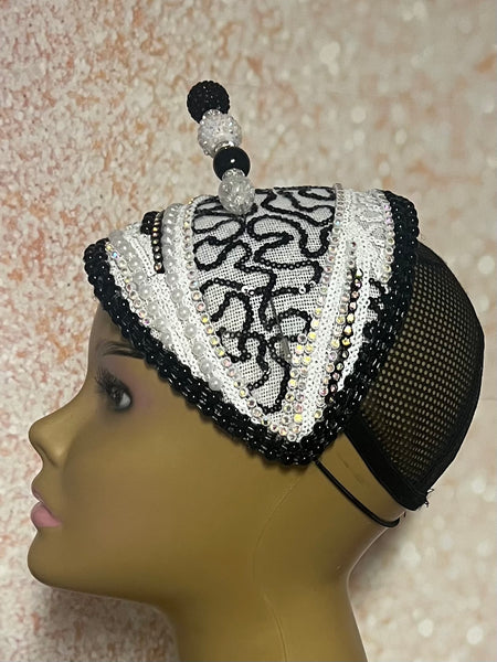 Black and White Beaded Lace Fascinator Half Hat for Church