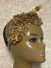 Gold and Beige/Khaki Beaded Flower Double Cup Fascinator, Church Special Occasion Half Hat