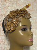 Gold and Beige/Khaki Beaded Flower Double Cup Fascinator, Church Special Occasion Half Hat