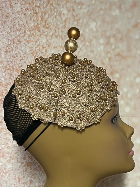 Gold Beaded Fascinator Half Hat for Church, Tea Parties, Weddings and other special occasions