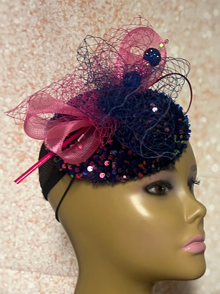 Pink and blue sequins and Rhinestones hat for Church, Wedding, Mother of the Bride, Head Covering, Tea Parties and other special occasions