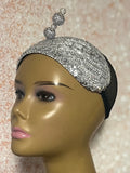 Silver Rhinestone Sequin Headband Fascinator Half Hat, Church Head Covering with Bow