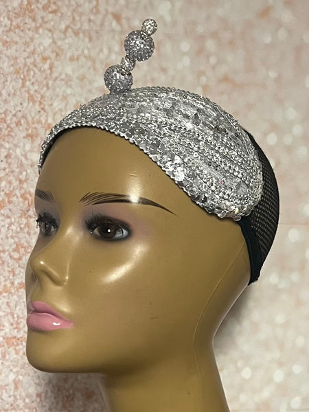 Silver Rhinestone Sequin Headband Fascinator Half Hat, Church Head Covering with Bow