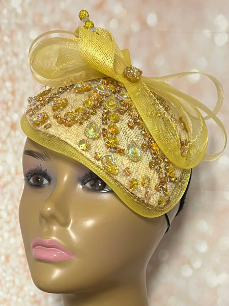 Gold Rhinestones Crystal Bling Fascinator Teardrop Half Hat for Church, Tea Parties, Weddings and Other Special Occasions