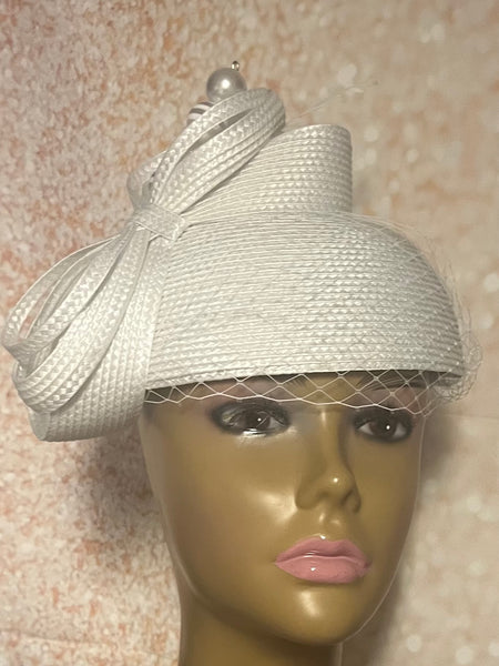 White Tweed Half Hat Fascinator for weddings, church, tea parties and special occasions