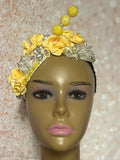 Yellow Rhinestone Beaded Flower Double Cup Fascinator, Double Teardrop Church Special Occasion Half Hat