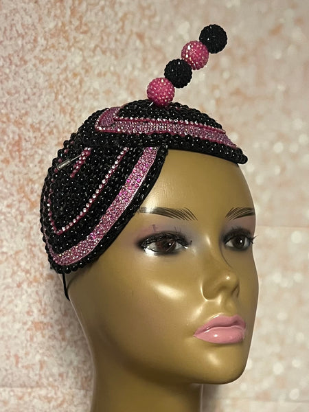 Pink and Black Beaded Rhinestone Double Cup Teardrop Beaded Fascinator