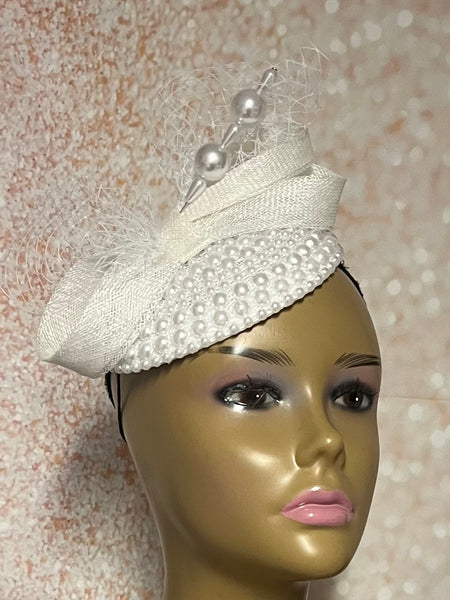 White Beaded Pearl Button Bow Half Hat Fascinator for weddings, church and special occasions, Gift for Mom, Sister, Wife, Her