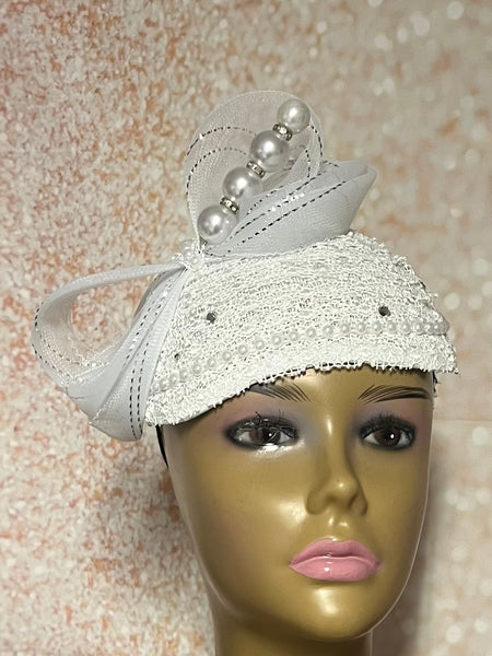 White Embroidered Lace Half Hat Fascinator for weddings, church, tea parties and special occasions