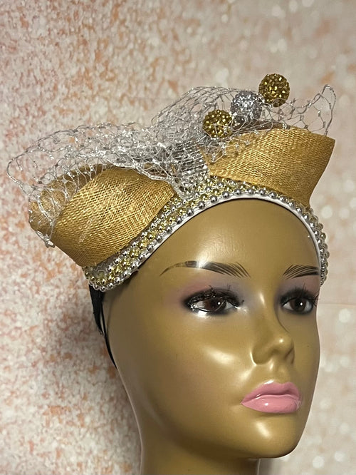 Gold and Silver Beaded Headband-Shaped Fascinator Half Hat for Church, Tea Parties, Weddings and other special occasions