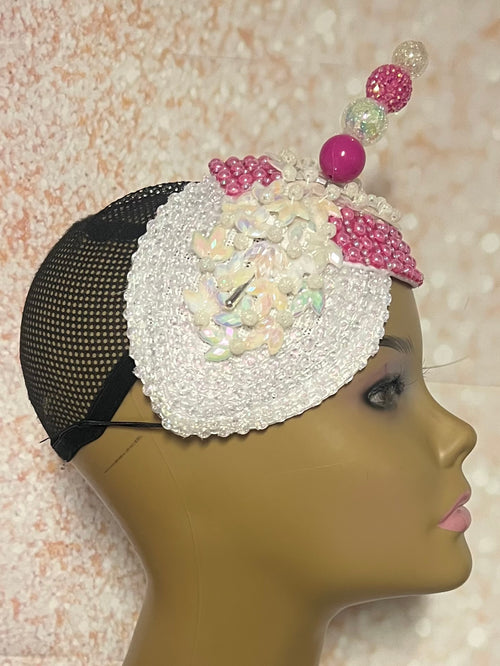 Hot Pink and Off-White Iridescent Rhinestone Double Cup Teardrop Beaded Fascinator