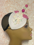 Hot Pink and Off-White Iridescent Rhinestone Double Cup Teardrop Beaded Fascinator