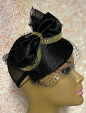 Black Teardrop Satin Hat for women, Fascinator, Half Hat with Gold Rhinestone trim for Church, Tea Party, and Special Occasions
