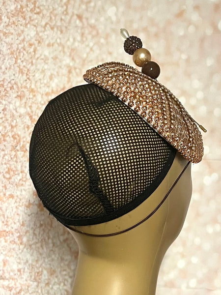 Bronze/Gold/Brown Beaded Button Fascinator Half Hat for Church, Tea Parties, Weddings and other special occasions