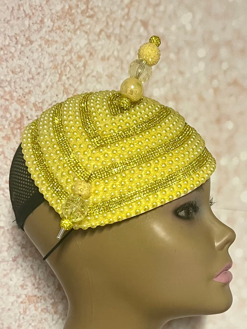 Yellow Beaded Rhinestone Fascinator Half Hat, for Church and Special Occasion