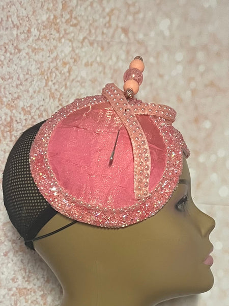 Salmon Pink and Peach Crystal Beaded Double Cup Fascinator Half Hat for Church Weddings and Special Occasions