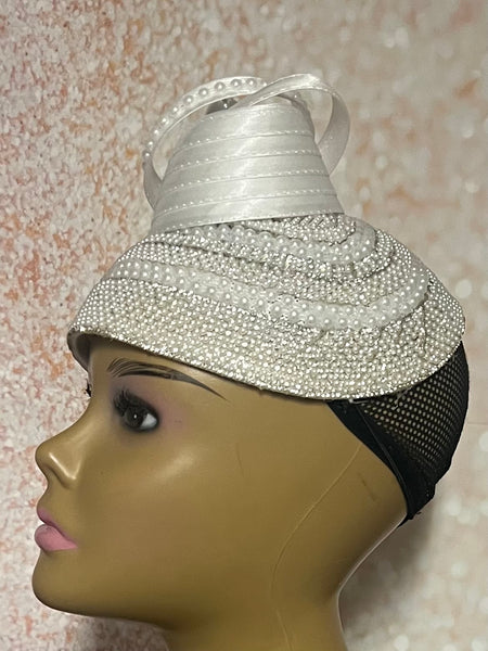 White Pearl Rhinestone Beaded  Three Quarter/Half Hat with Bow for weddings, church and special occasions, Gift for Mom, Sister, Wife