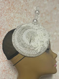 White Double Cup Pearl Bead Half Hat Fascinator for weddings, church, tea parties and special occasions