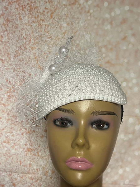 White Beaded Half Hat Fascinator for weddings, church and special occasions, Gift for Mom, Sister, Wife, Her