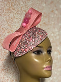 Pink Crystal Rhinestone Beaded Fascinator Half Hat with Bow for Church, Tea Parties Weddings and other special occasions