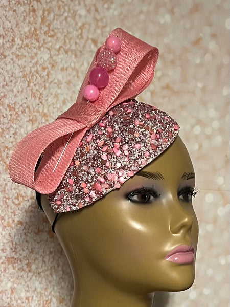 Pink Crystal Rhinestone Beaded Fascinator Half Hat with Bow for Church, Tea Parties Weddings and other special occasions