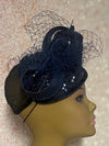 Navy Blue Sinamay Bling Teardrop Half Hat Fascinator for Church Head Covering, Tea Parties, Weddings and Special Occasions