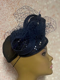Navy Blue Sinamay Bling Teardrop Half Hat Fascinator for Church Head Covering, Tea Parties, Weddings and Special Occasions