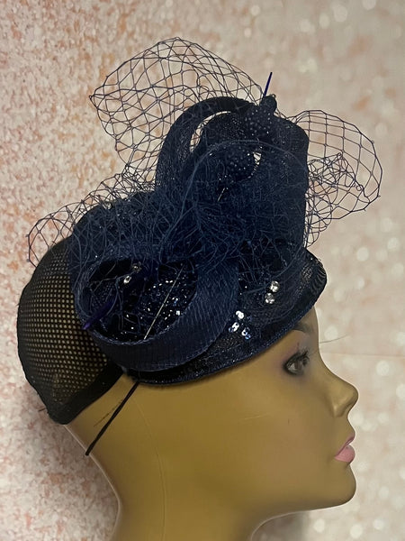 Navy Blue Sinamay Bling Teardrop Half Hat Fascinator for Church Head Covering, Tea Parties, Weddings and Special Occasions