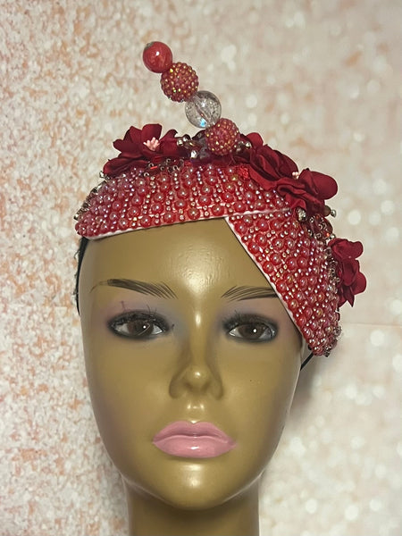 Red Flower Beaded Double Teardrop Fascinator Hat, Church and Special Occasion Headwear