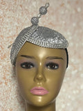 Silver Rhinestone Sequin Headband Fascinator Half Hat, Church Head Covering with Bow