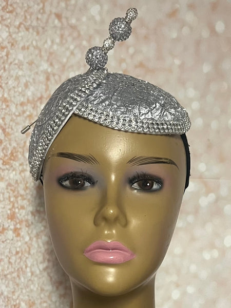 Silver Rhinestone Sequin Headband Fascinator Half Hat, Church Head Covering with Bow