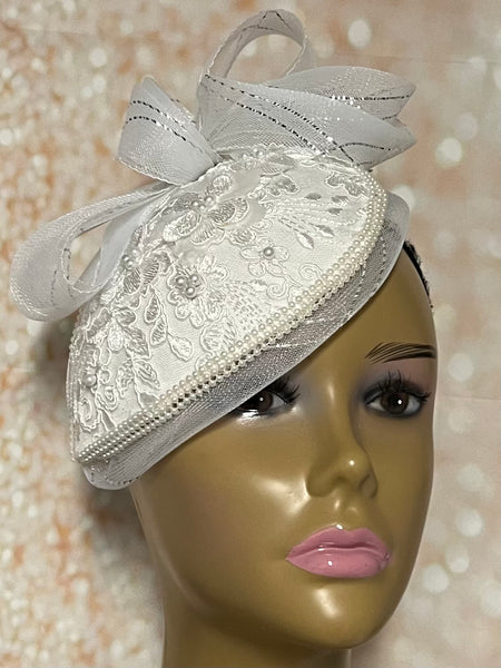 White Sinamay Bow Fascinator Half Hat for Church Head Covering, Wedding, Tea Party and other Special Occasions