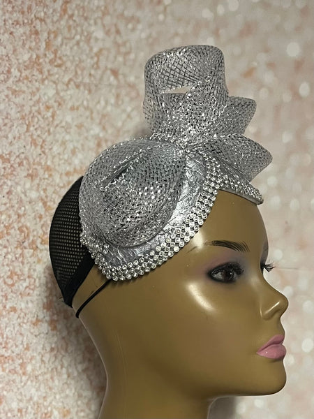 Silver and Gray Bling Double Cup Fascinator Half Hat for Church, Tea Parties, Weddings, and other special occasions