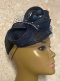 Navy Blue Sinamay Teardrop Half Hat Fascinator for Church Head Covering, Tea Parties, Weddings and Special Occasions