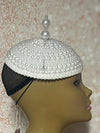 White Beaded Pearl Button Half Hat Fascinator for weddings, church and special occasions, Gift for Mom, Sister, Wife, Her