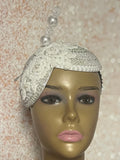 White Double Cup Pearl Bead Half Hat Fascinator for weddings, church, tea parties and special occasions