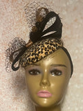 Leopard Small Circular Fascinator Half Hat for Tea Party, Church Head Covering, Wedding and other Special Occasions