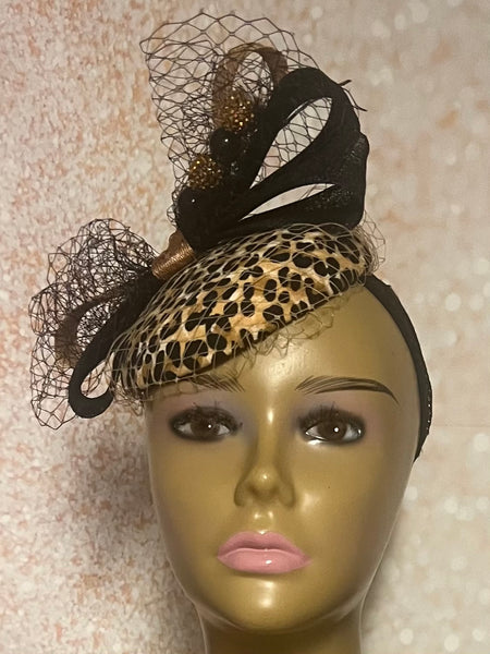 Leopard Small Circular Fascinator Half Hat for Tea Party, Church Head Covering, Wedding and other Special Occasions