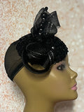 Black Small Sequin Button Fascinator Half Hat for Church Head Covering, Weddings, Tea Parties and  Other Special Occasions