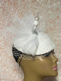 White Tweed Half Hat Fascinator for weddings, church, tea parties and special occasions